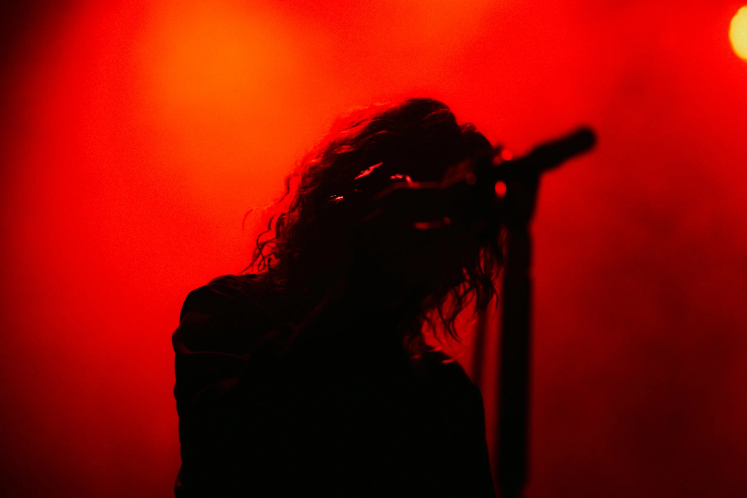 Silhouette of a person with curly hair against a red background, holding a microphone.