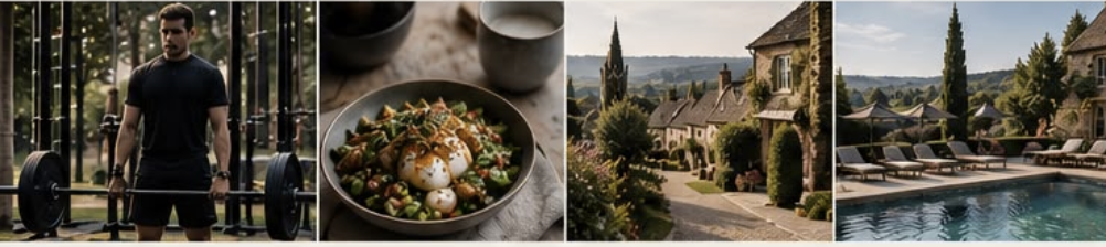 Collage featuring a man lifting a barbell, a healthy bowl meal with eggs and vegetables, a European countryside village, and a luxury pool courtyard.