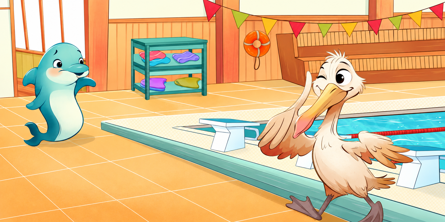 A cartoon dolphin and a cartoon pelican by a swimming pool with colorful pennant banners and a life preserver.