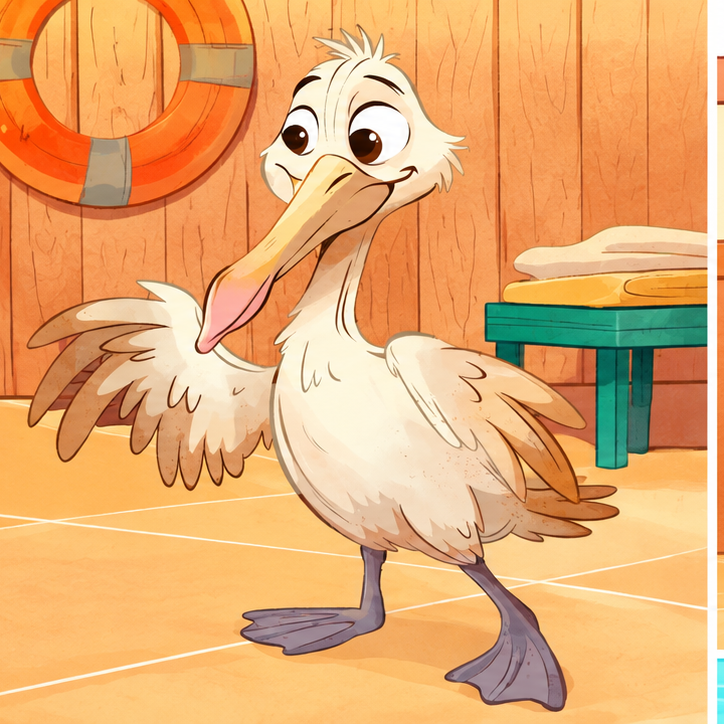 Cartoon pelican with large eyes and a big beak standing indoors with wooden walls, a life ring on the wall, and a stack of blankets or towels on a small bench.