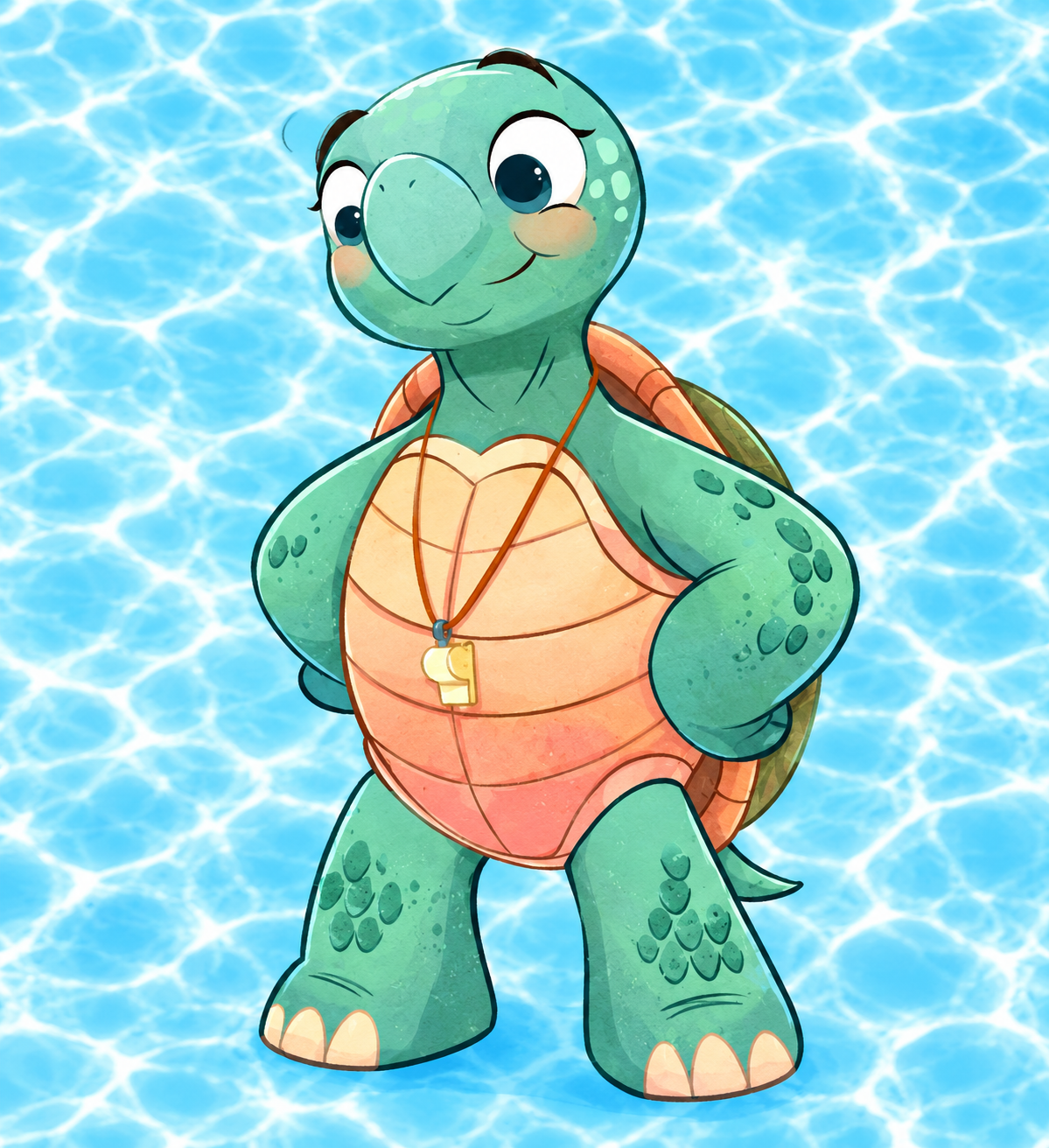 Cartoon turtle with big eyes, smiling, wearing a scuba necklace, floating on water.
