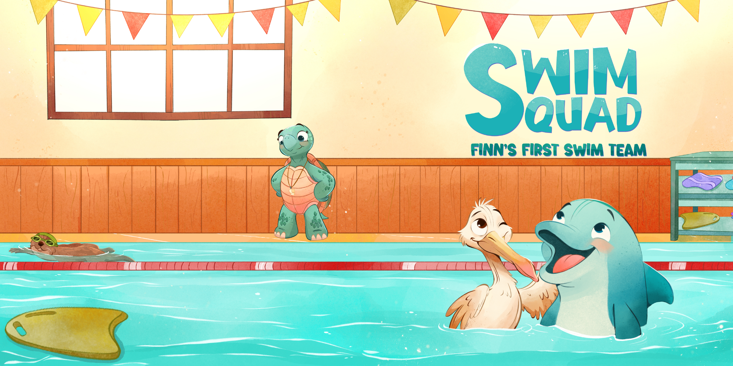 Animated scene of a swimming pool with three animals: a turtle wearing swimming goggles, a duck, and a dolphin with its mouth open. A small animal with white fur and a tan-colored beak is also in the pool. In the background, there is a wall with a large window, a sign that reads 'Swim Squad: Finn's First Swim Team,' and colorful triangular flags hanging above.