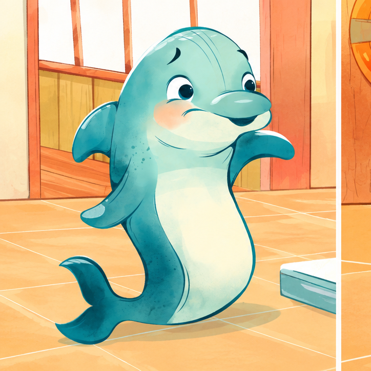 An animated cartoon dolphin standing upright inside a wooden room, with orange tiled floor and wooden wall panels.