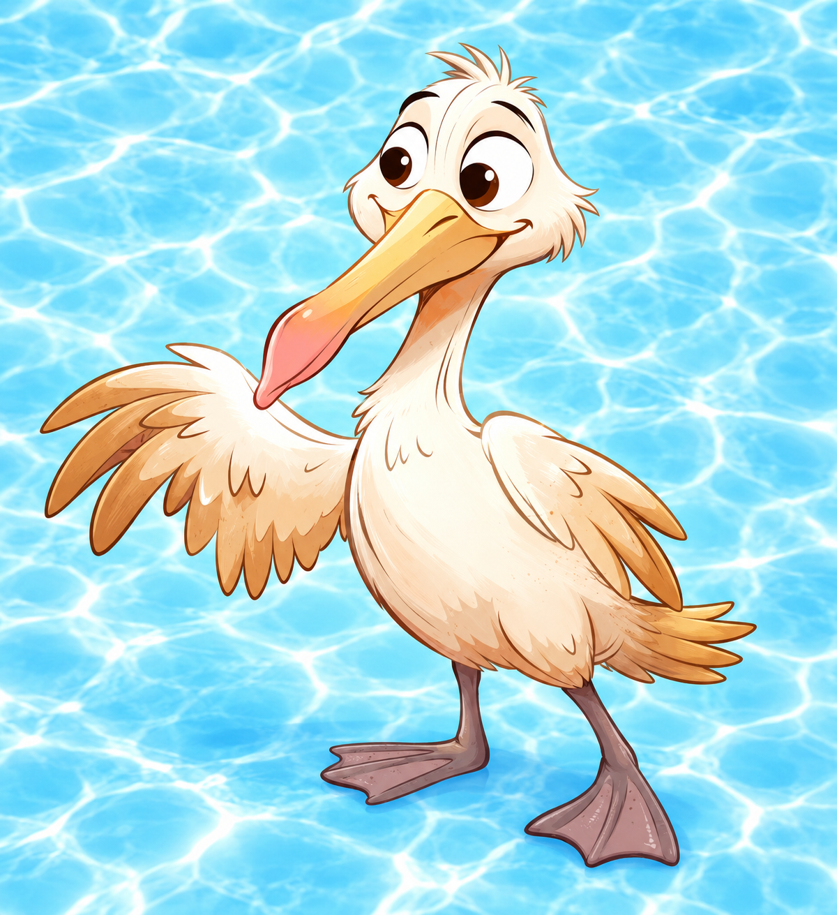 A cartoon pelican with a happy expression standing against a blue water background.