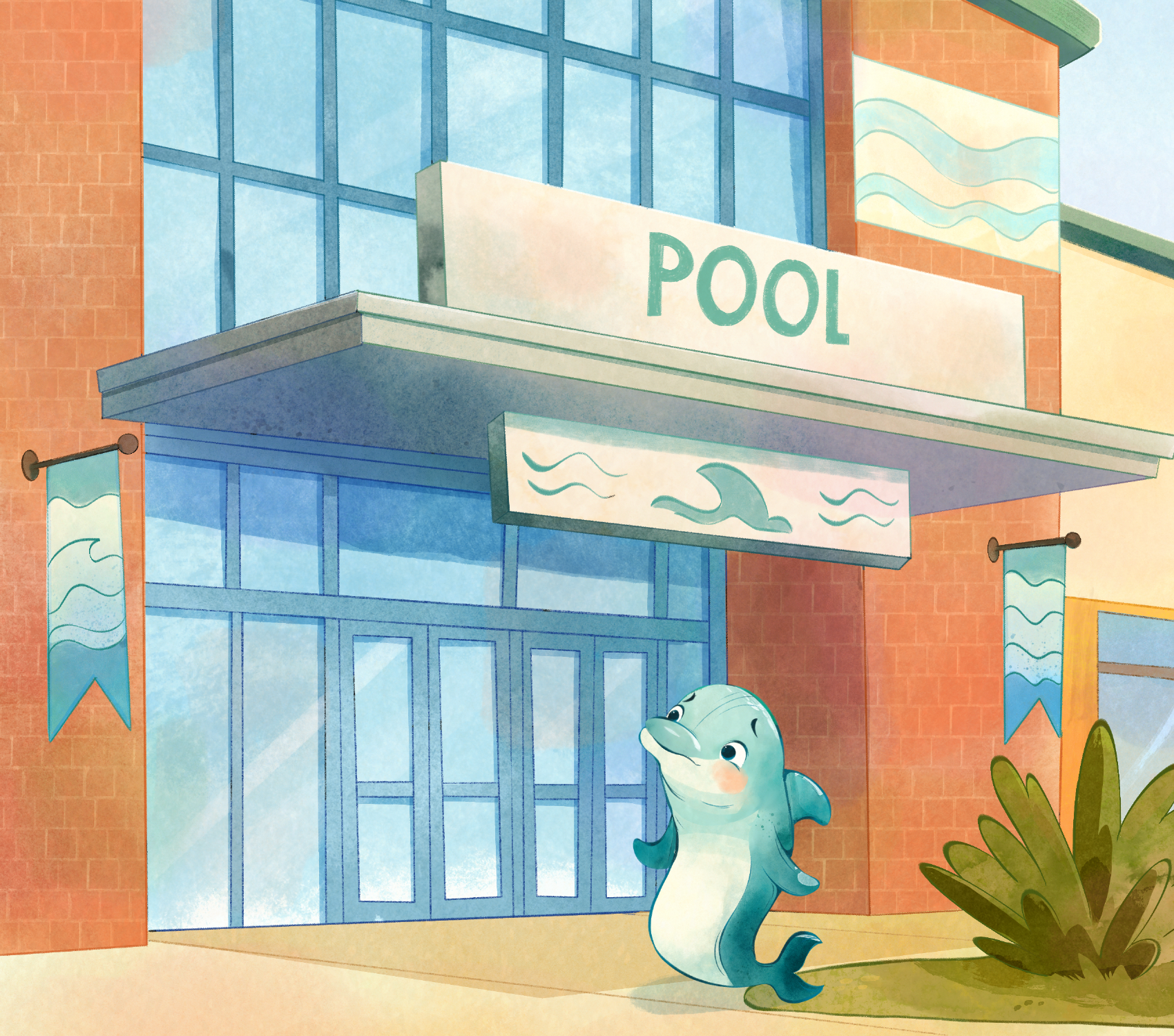 An animated building with a sign that says "POOL" and colorful banners. There is a friendly-looking cartoon-style dolphin character standing in front of the entrance, with a plant nearby.