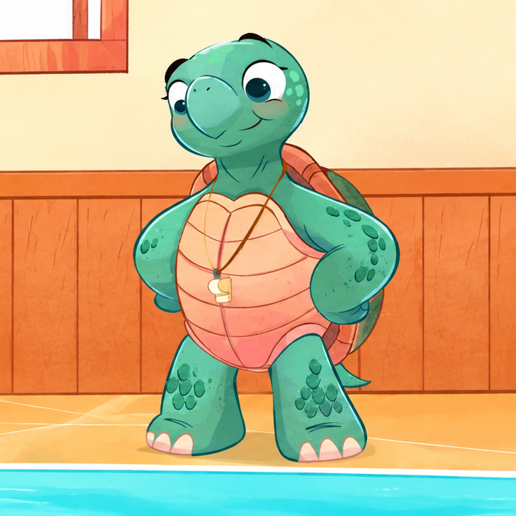 Cute animated turtle wearing a whistle, standing indoors near a pool.
