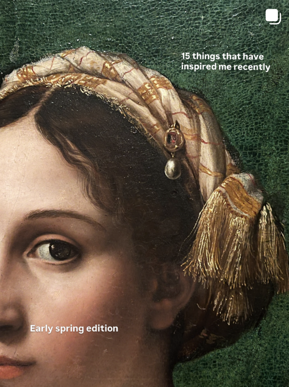 Close-up of a woman with dark hair, wearing a patterned headscarf with tassels and jewelry. Text overlay says '15 things that have inspired me recently' and 'Early spring edition'.