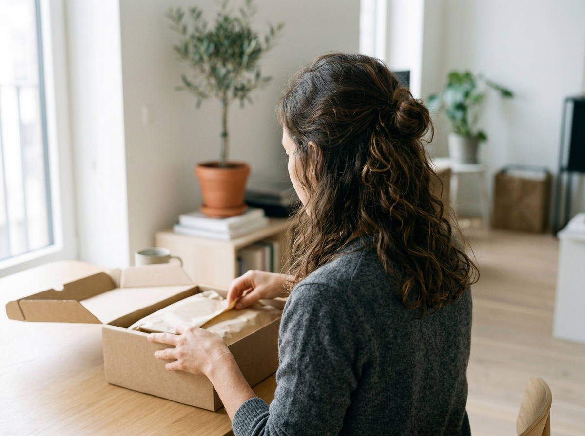 A woman with curly brown hair opening a cardboard box on a wooden table in a bright living room with plants and shelves.