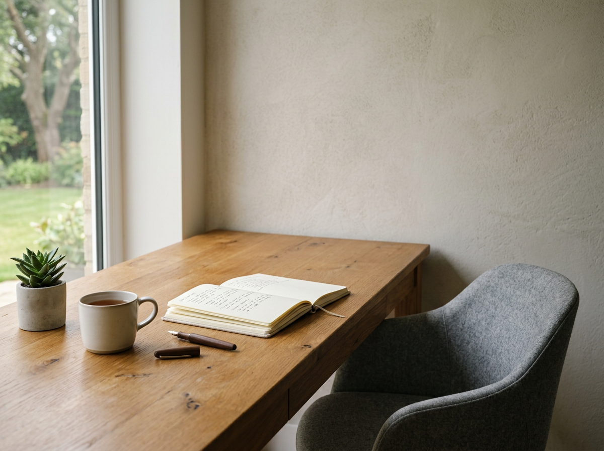 A wooden desk near a window with a potted succulent plant, a white mug filled with coffee, an open notebook, and two pens, with a gray upholstered chair beside the desk.