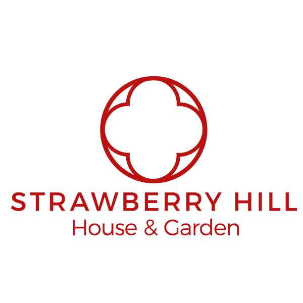Logo for Strawberry Hill House & Garden featuring a stylized red floral design and the business name in red text.