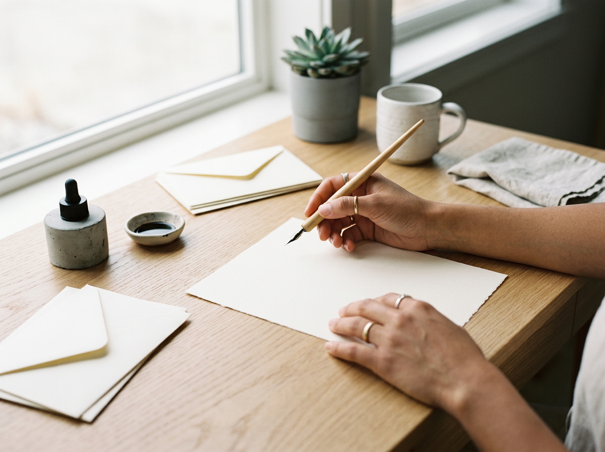 Person writing with a fountain pen on a sheet of paper at a wooden desk. The desk has a potted succulent, a coffee mug, a small dish, a bottle of ink, and several blank stationery sheets.