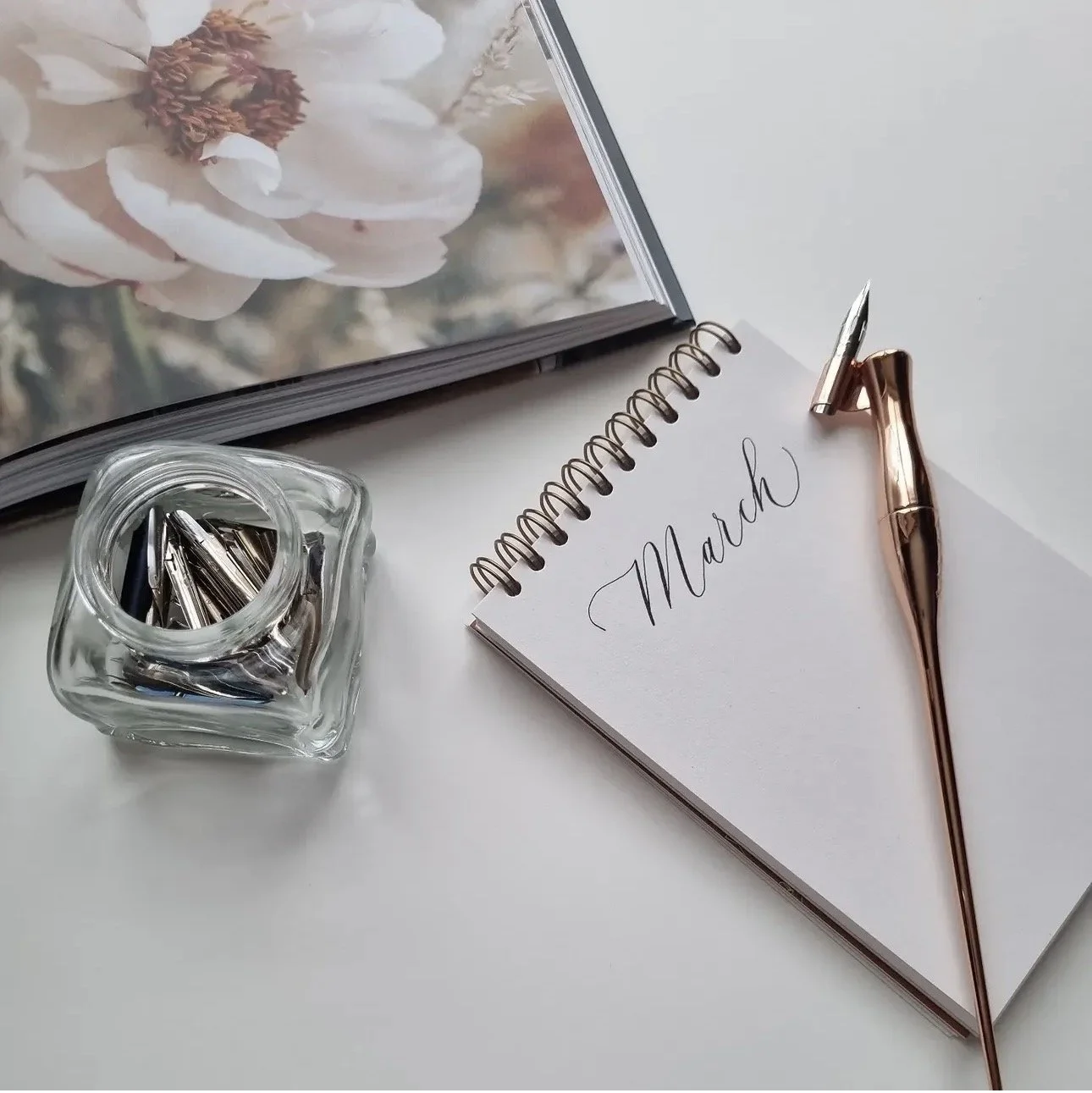 Open notebook with 'March' written on the page, a rose gold pen, a glass jar filled with paper clips, and a picture book with a flower on the page.