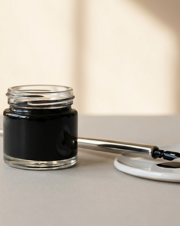 A glass jar filled with black ink next to a silver fountain pen on a white dish.