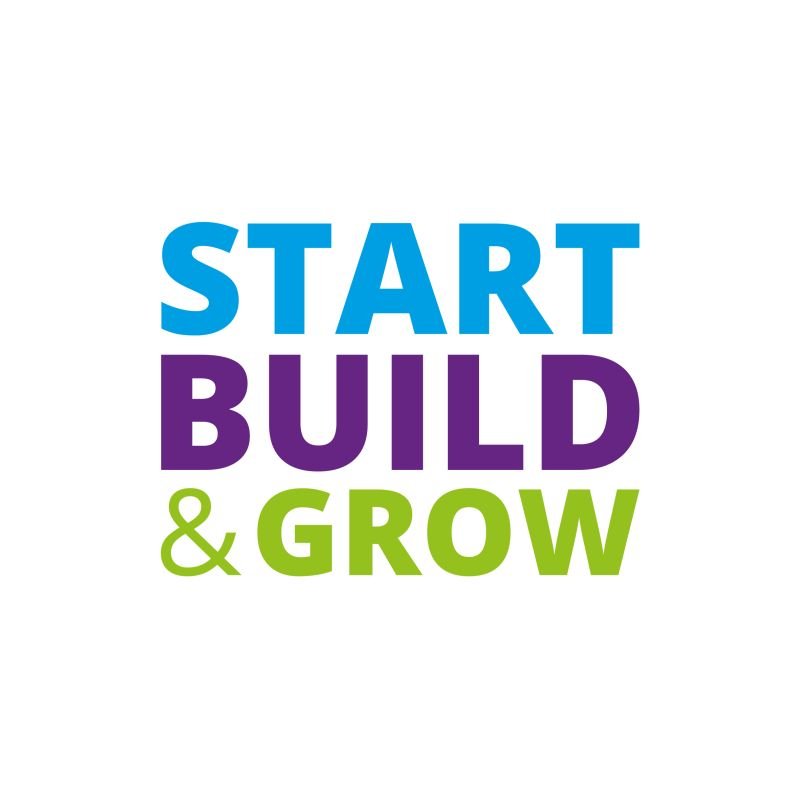 Text reads "START, BUILD, & GROW" in colorful letters on a white background.