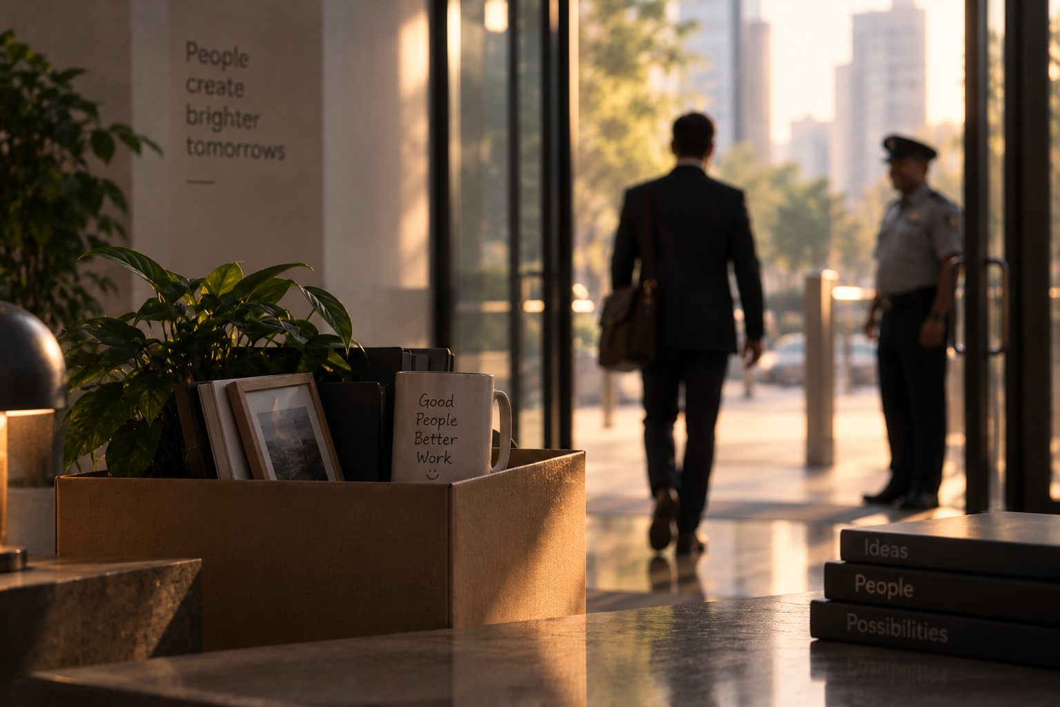 Interior of an office lobby with a potted plant, books, and a mug on a table in the foreground, and two people walking outside the entrance, one in a suit and the other in security uniform, during sunset