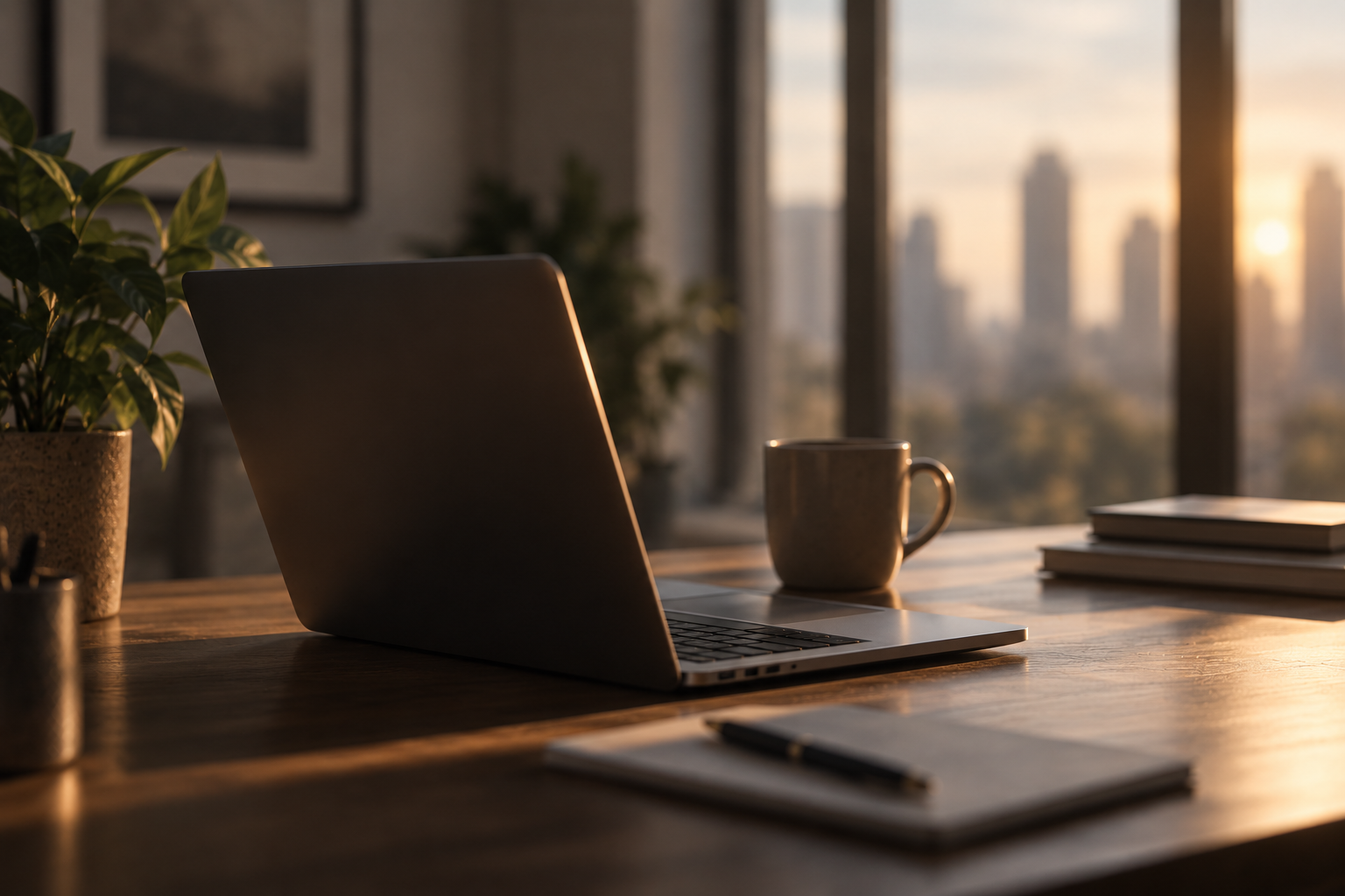 A workspace with a laptop, a mug, a stack of books, and a notepad on a wooden table, illuminated by warm sunlight through large windows with a city skyline in the background.