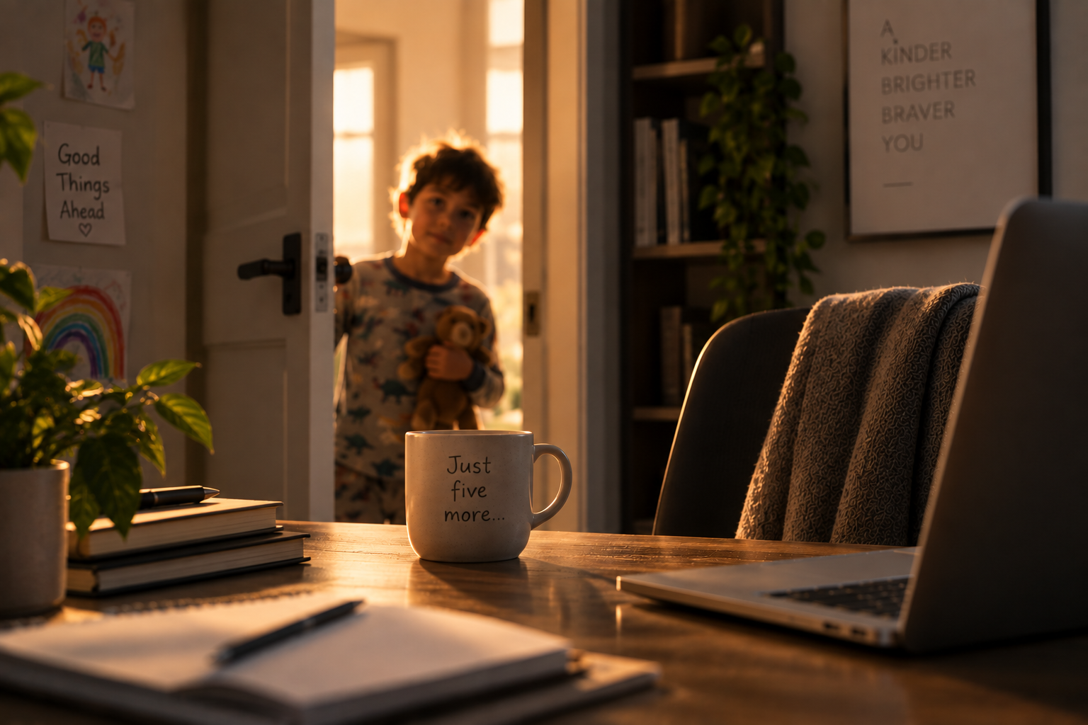 A child holding a teddy bear standing in the doorway of a room, with sunlight illuminating the scene. The room contains a table with notebooks, a pen, a laptop, a plant, and a mug that reads 'Just five more...'. On the wall, there are colorful drawings and motivational quotes.