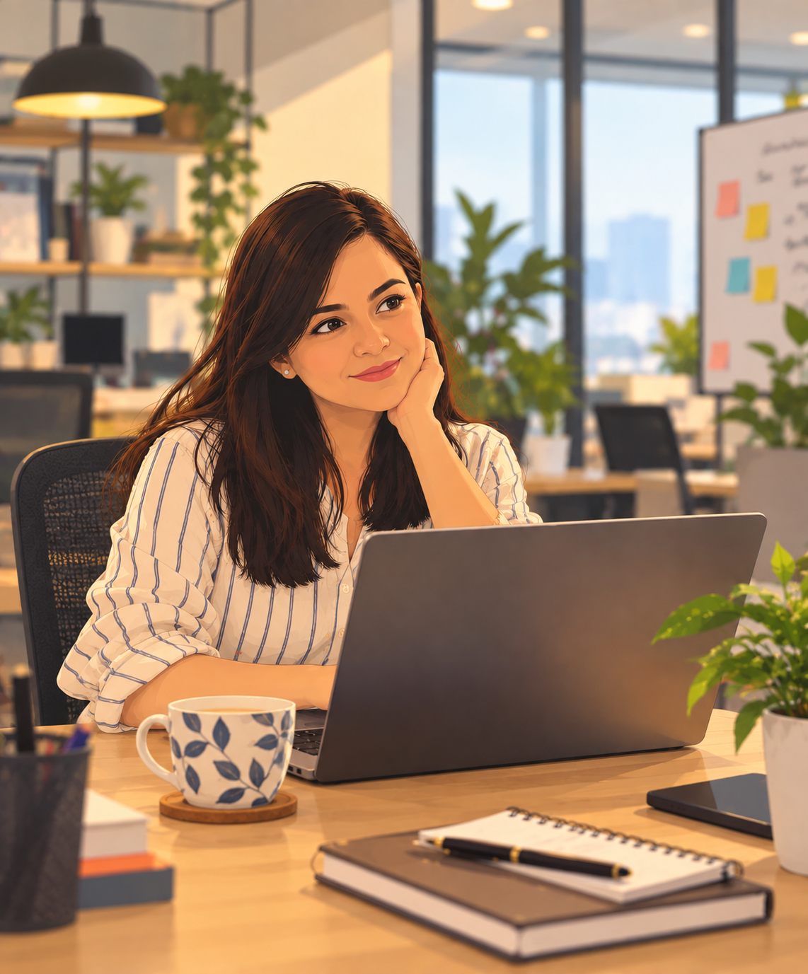 A young woman with long dark hair sitting at a desk in an office, looking thoughtfully at her laptop with her hand resting on her cheek, surrounded by office supplies and plants.