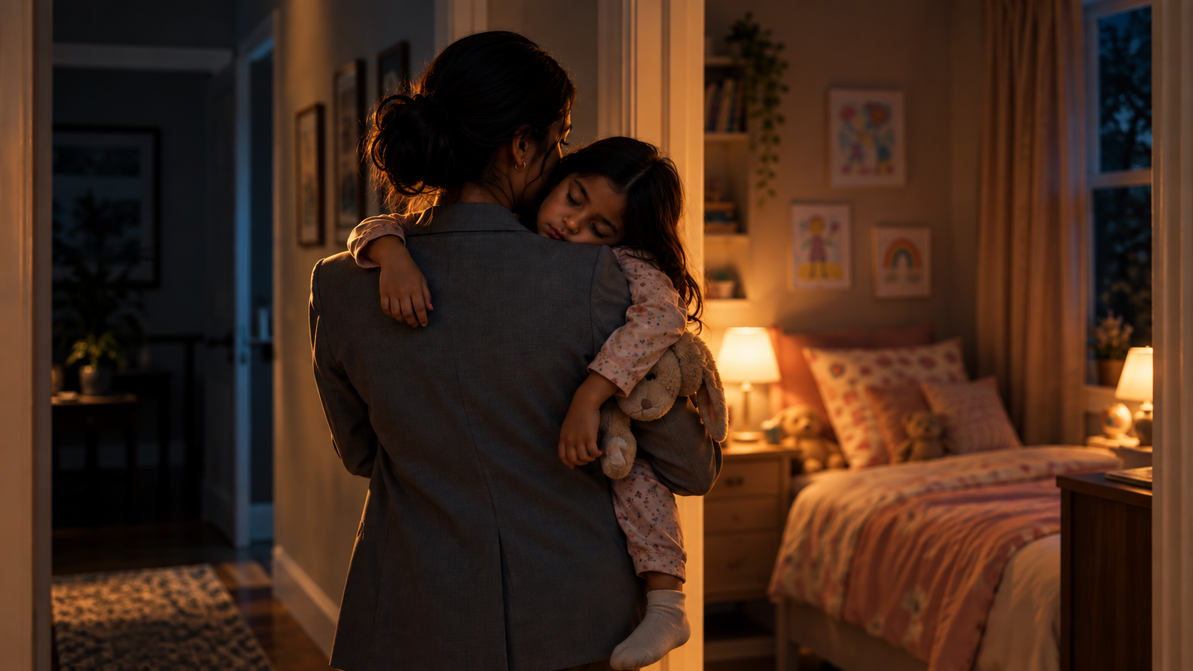 Nisha carrying her daughter to bed