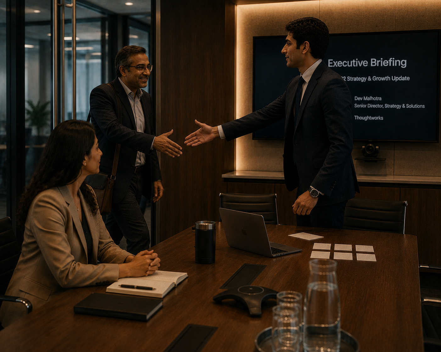 Dev greeting the client as he walks in through the door