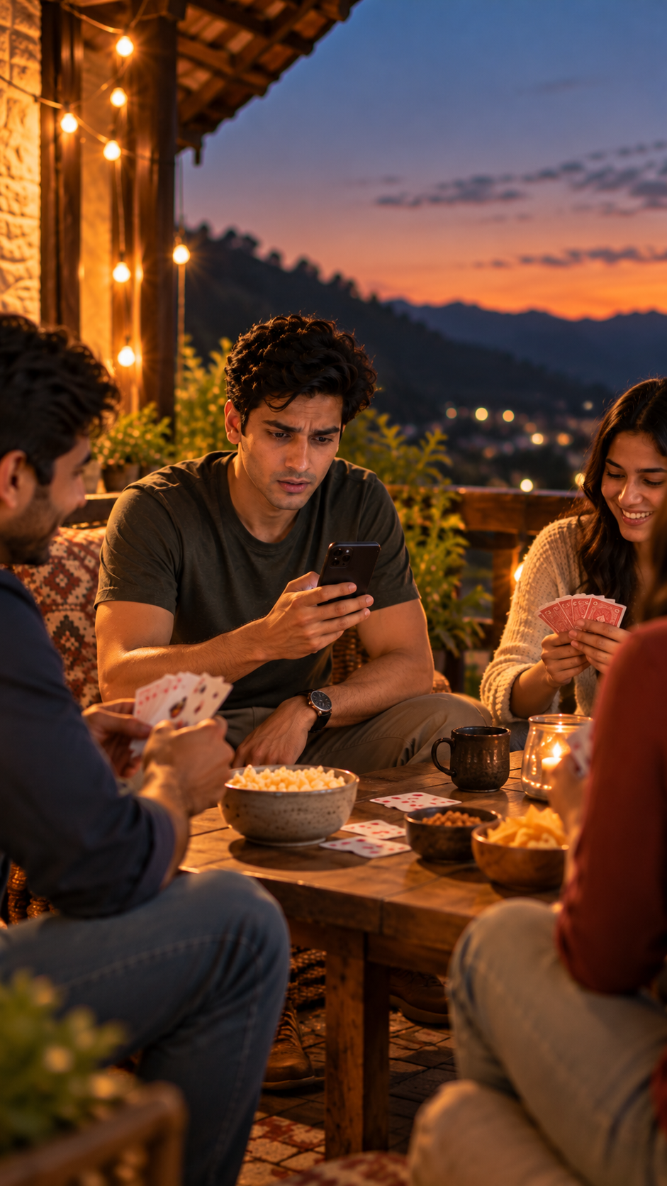 Rohan sitting with his friends in hotel balcony, reading the email on his phone