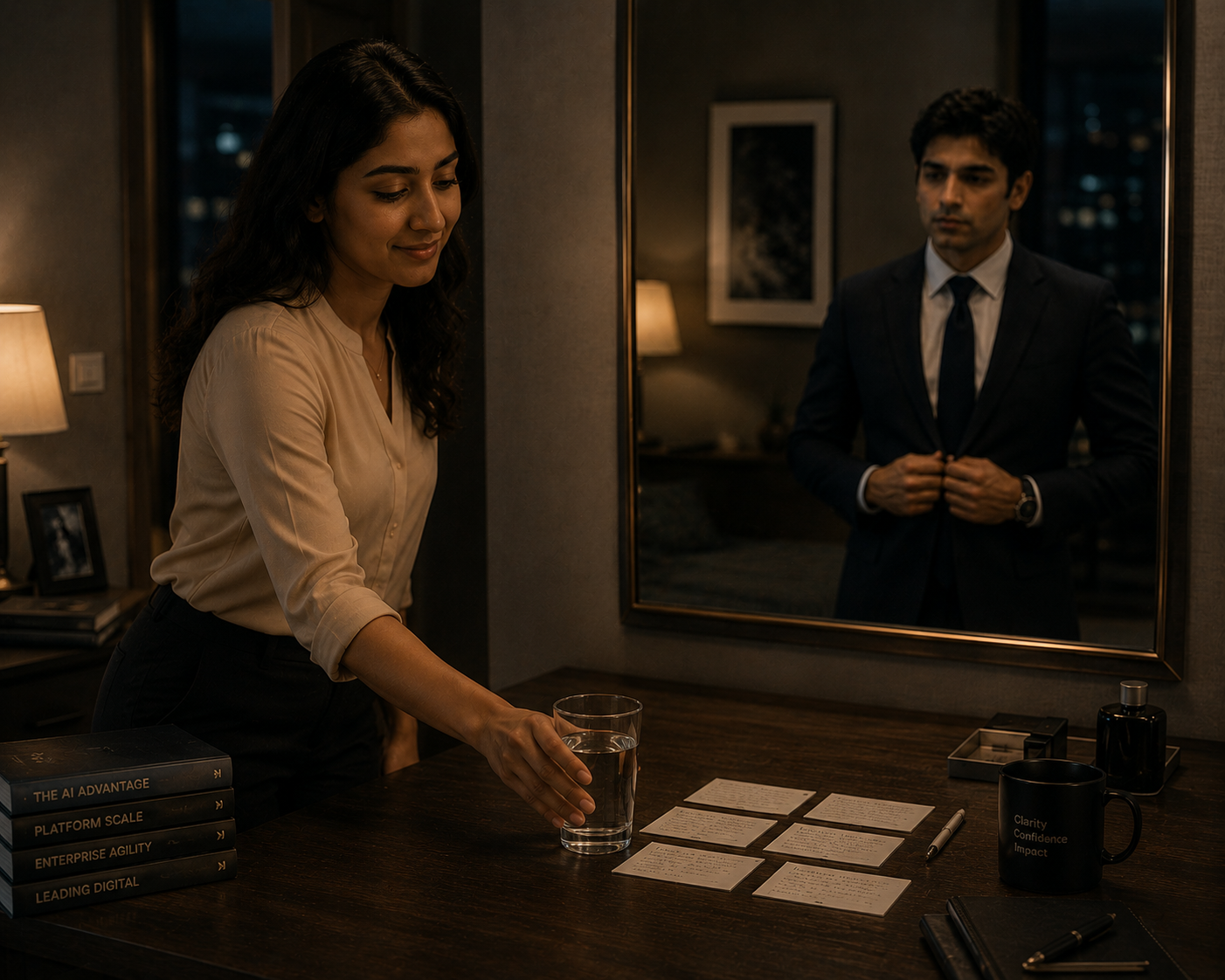 Priya keeping a glass of water for Dev