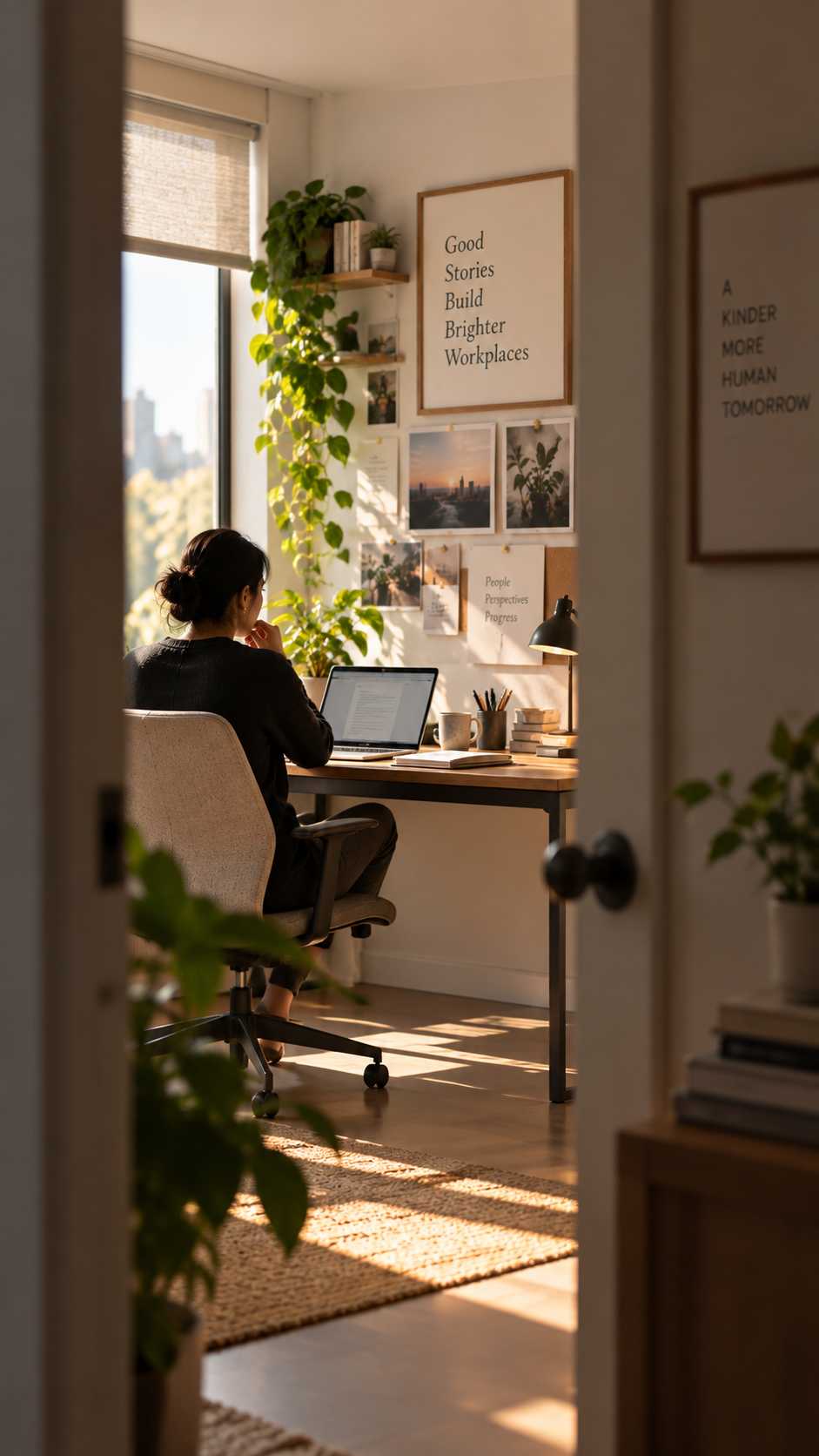 Woman working at a desk in a bright home office with a large window, plants, framed quotes, and photos on the wall.