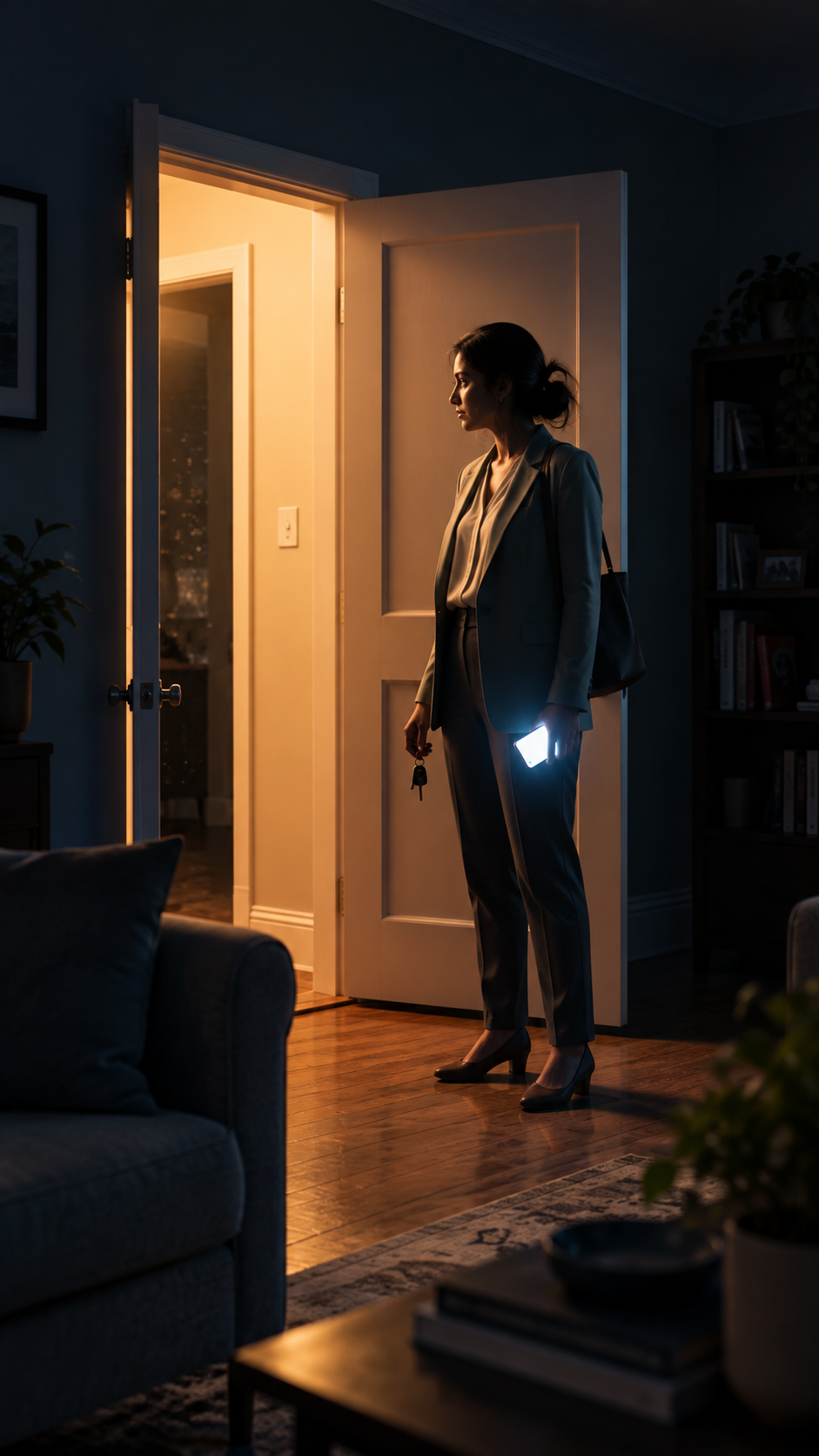 Nisha standing at the door with keys still in her hands