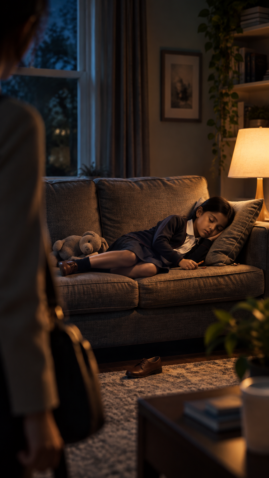 A young girl sleeping on a brown sofa in a dimly lit living room, with a teddy bear beside her and a person standing nearby.