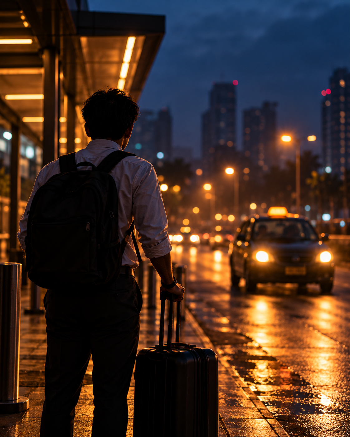 Young man catching a cab early morning
