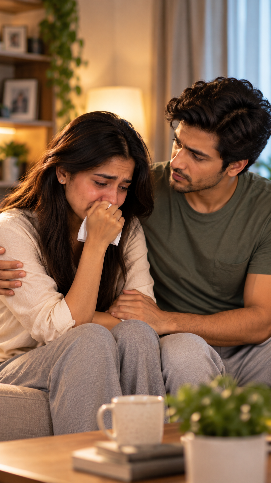 Tara at home sitting with her husband telling him everything that happened at the office