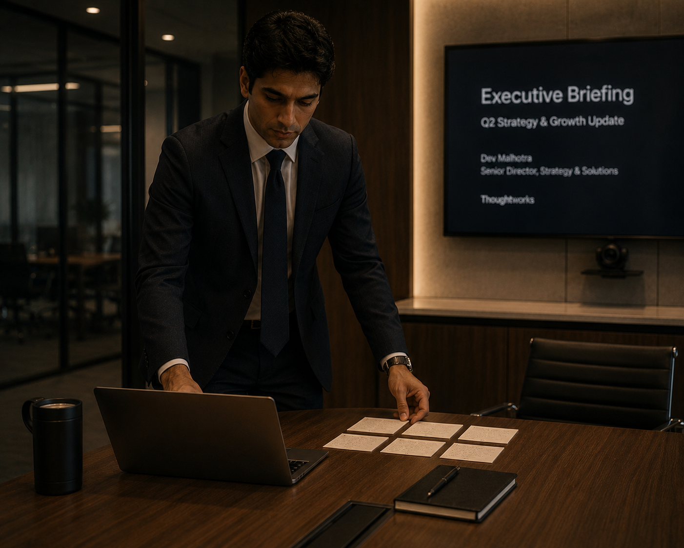 Dev arranging his desk and cards before the meeting