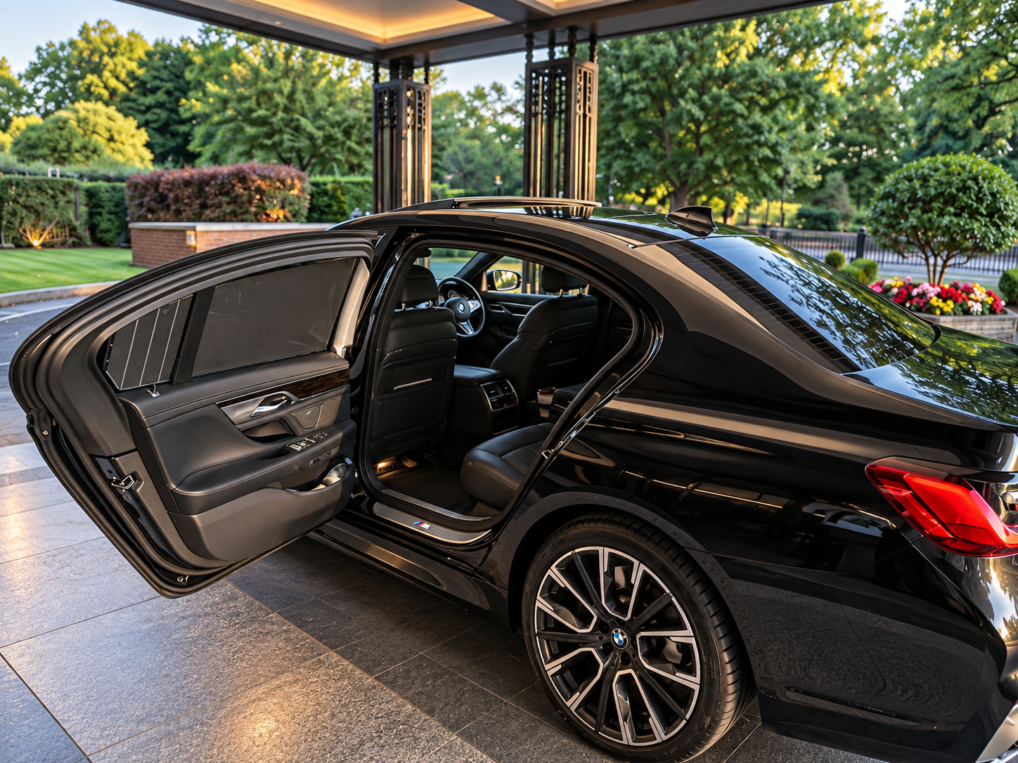 Black BMW 7 Series with the rear passenger door open, showing the rear cabin.