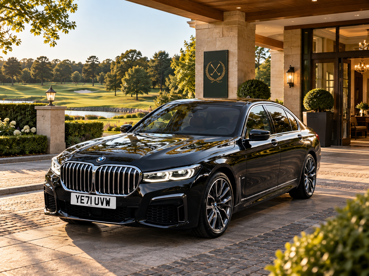 Black BMW 7 Series outside a luxury venue overlooking a golf course.