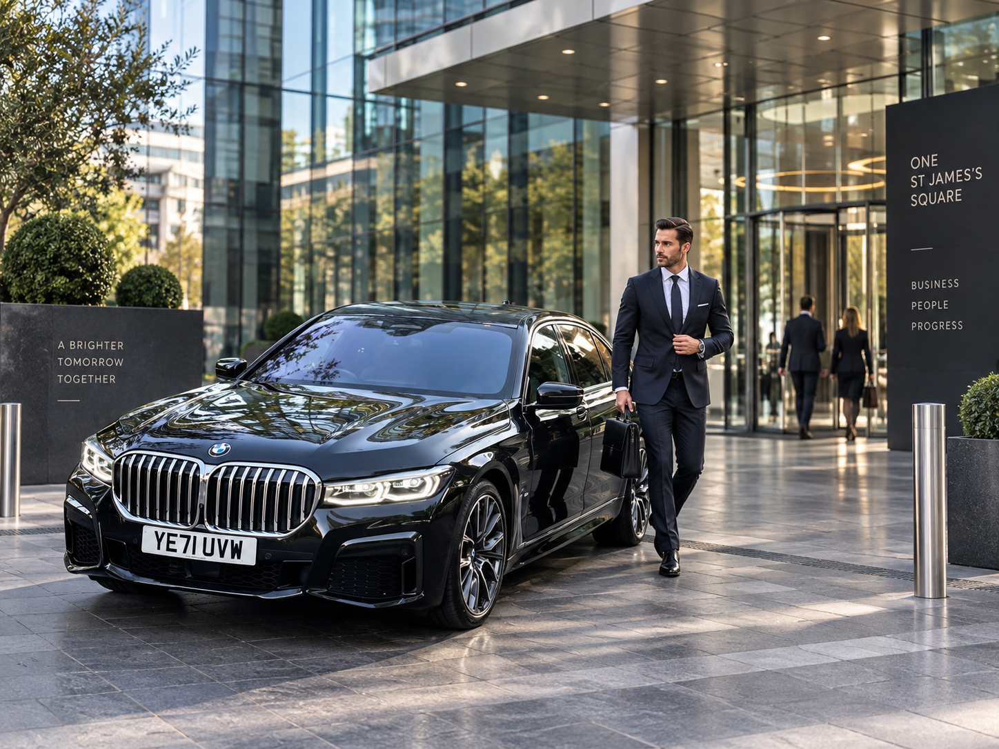 Executive beside a black BMW 7 Series outside a modern office building.