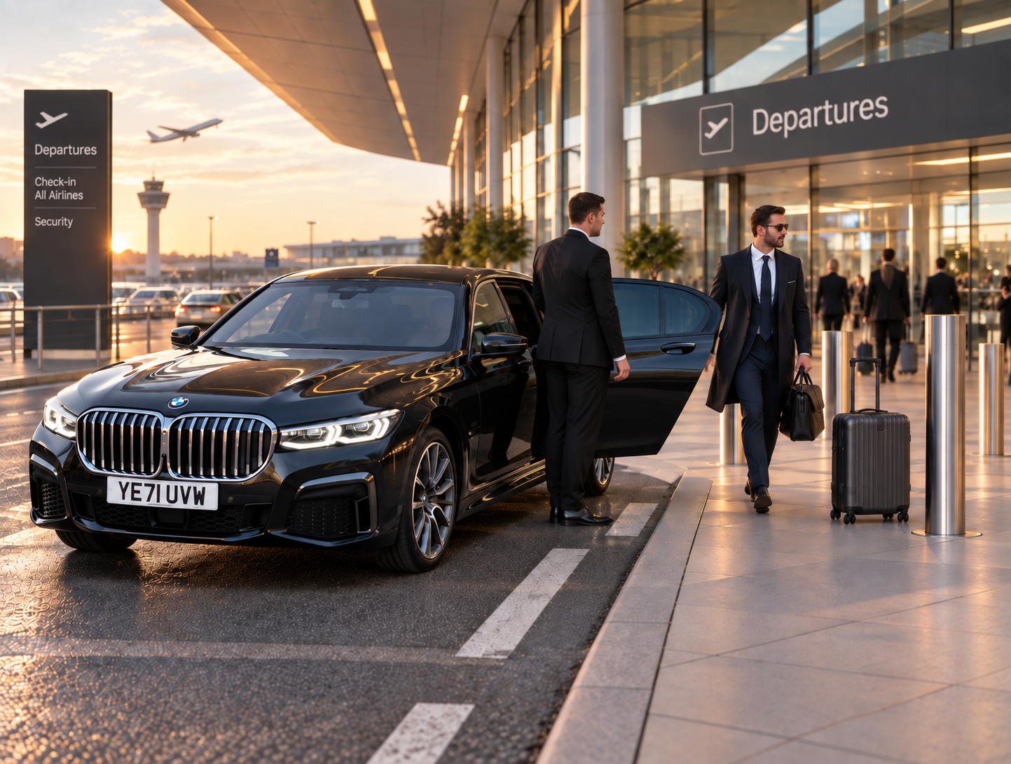 Passengers with luggage beside a black BMW 7 Series at an airport departures area.