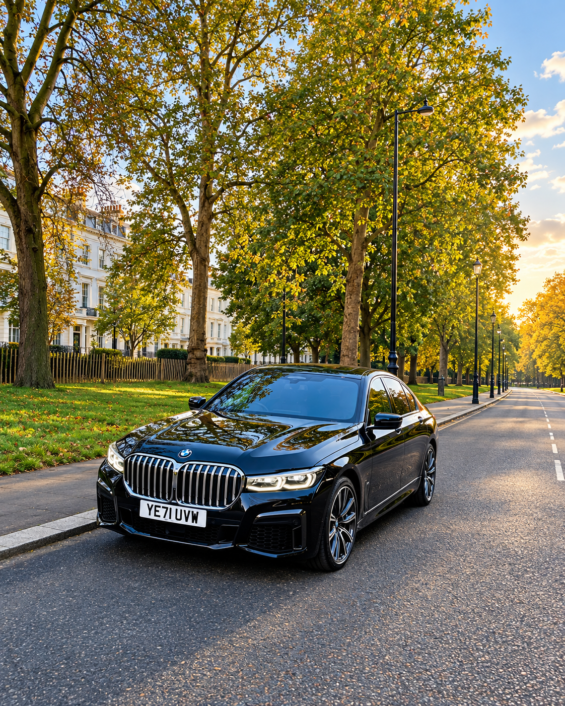 Black BMW 7 Series on a quiet tree-lined street in autumn.