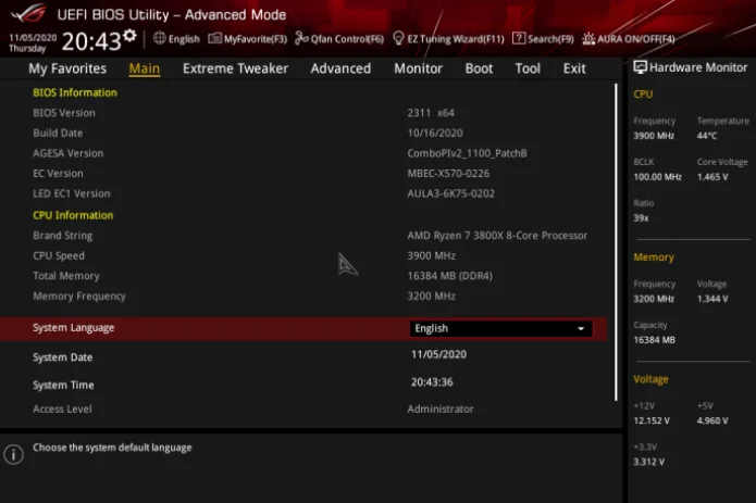 Screenshot of BIOS utility screen showing BIOS version, build date, CPU model AMD Ryzen 7 3800X, 8-core processor, 3900 MHz, 16GB DDR4 memory, system language set to English, system date and time, and hardware monitor with temperature and voltage details.