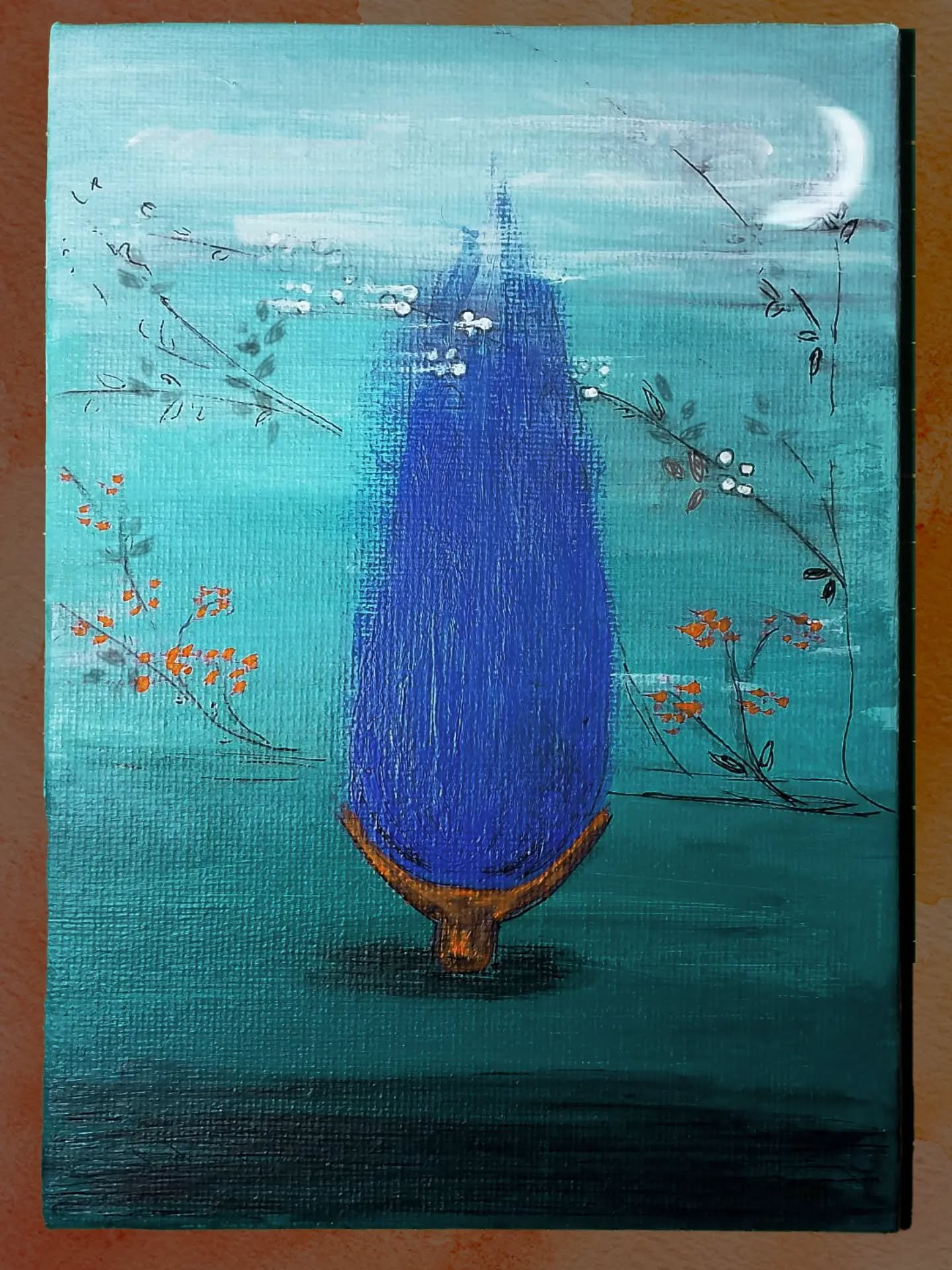The moon remembers me - acrylic on canvas 5" x 7"
Done, some months back

#contemporaryiranianart 
#modernminiatures
#nostalgia