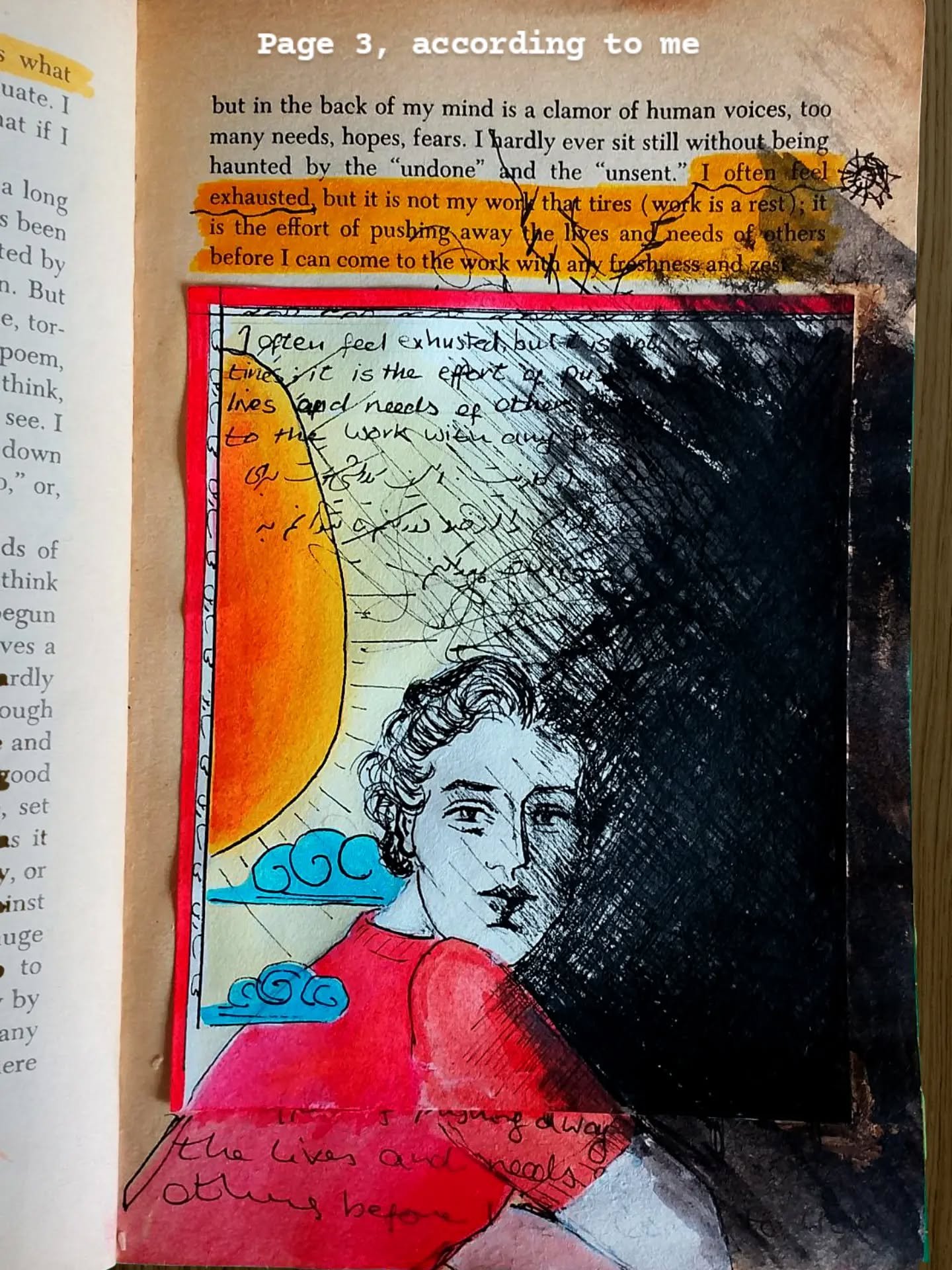 I often feel exhausted, but it is not my work that tires (work is a rest); it is the effort of pushing away the lives and needs of others before I can come to the work with any freshness and zest.
May Sarton - Journal of a solitude

#bookart
#drawing
