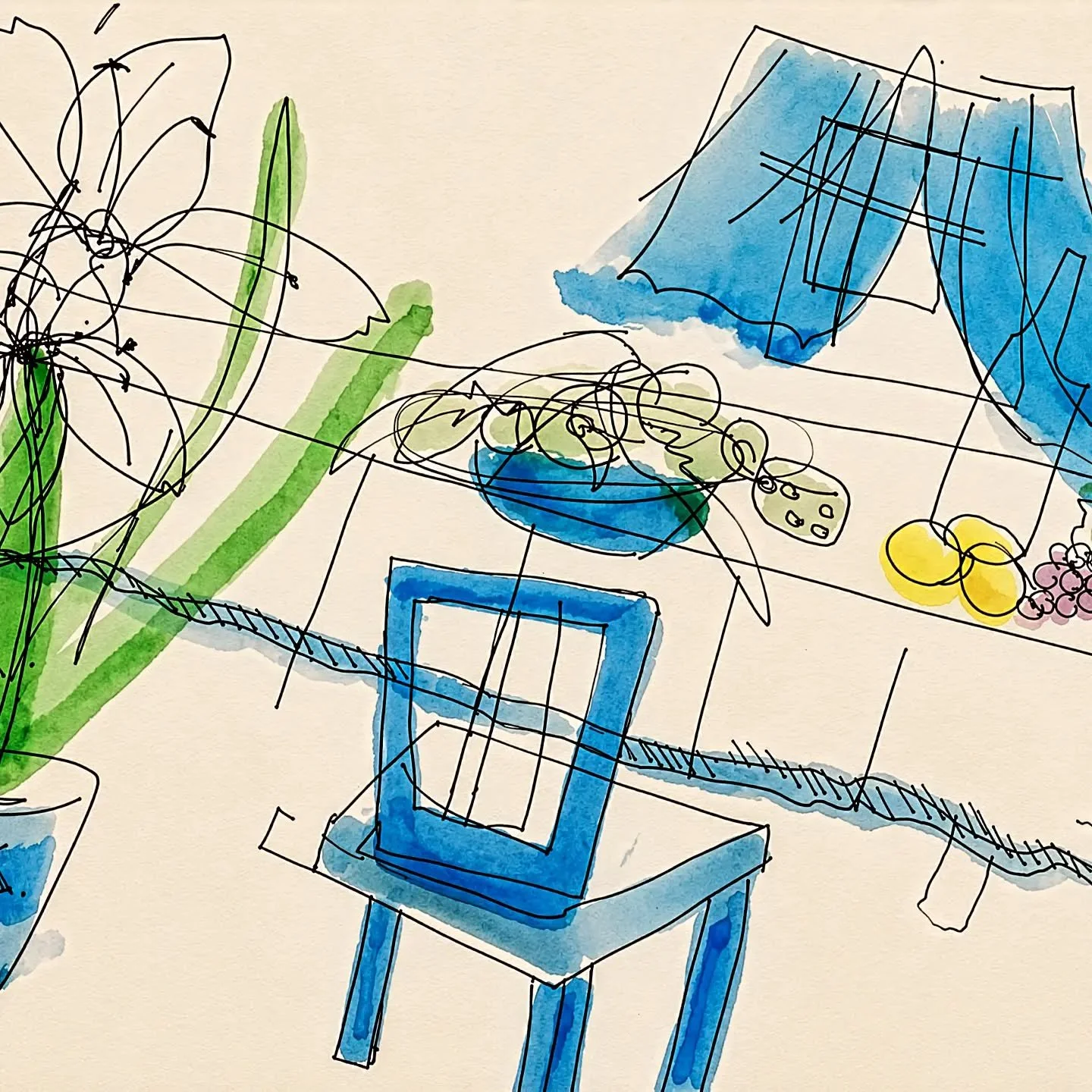 An experiment in letting go. I drew with my eyes closed, opening them only briefly a couple of times to find my bearings. A few strokes of colour came at the end. Imperfect, instinctive, and wonderfully freeing.

#noai 
#experimental 
#handdrawing 
#