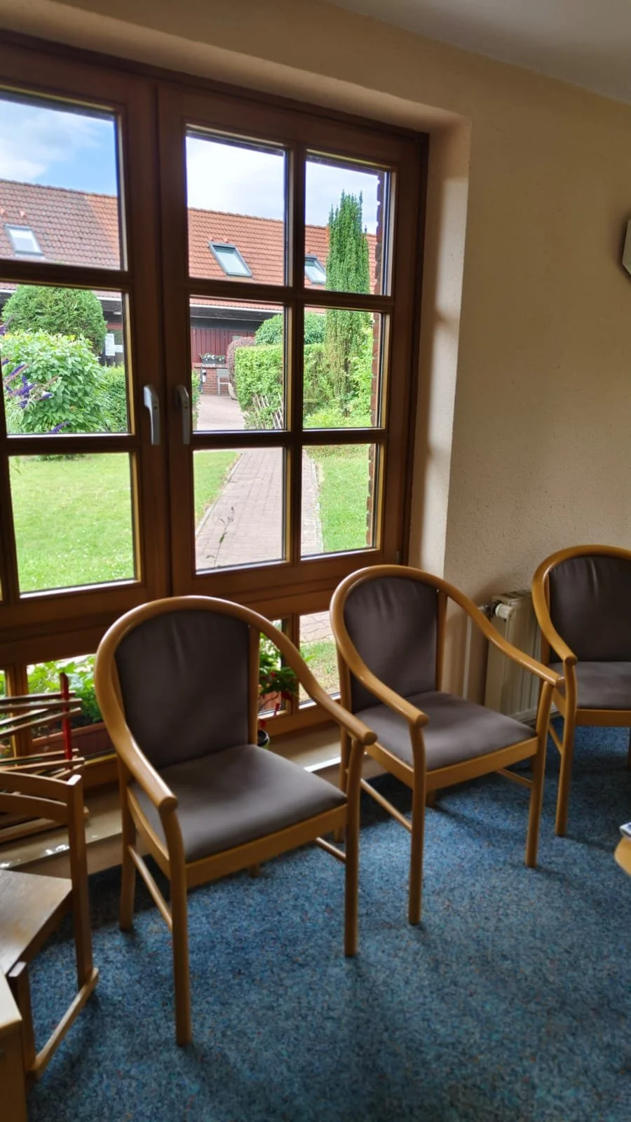Drei Holzstühle mit gepolsterten Sitzen vor einem großen Fensterglas, durch das ein Garten mit Bäumen und einem Gehweg sichtbar ist.