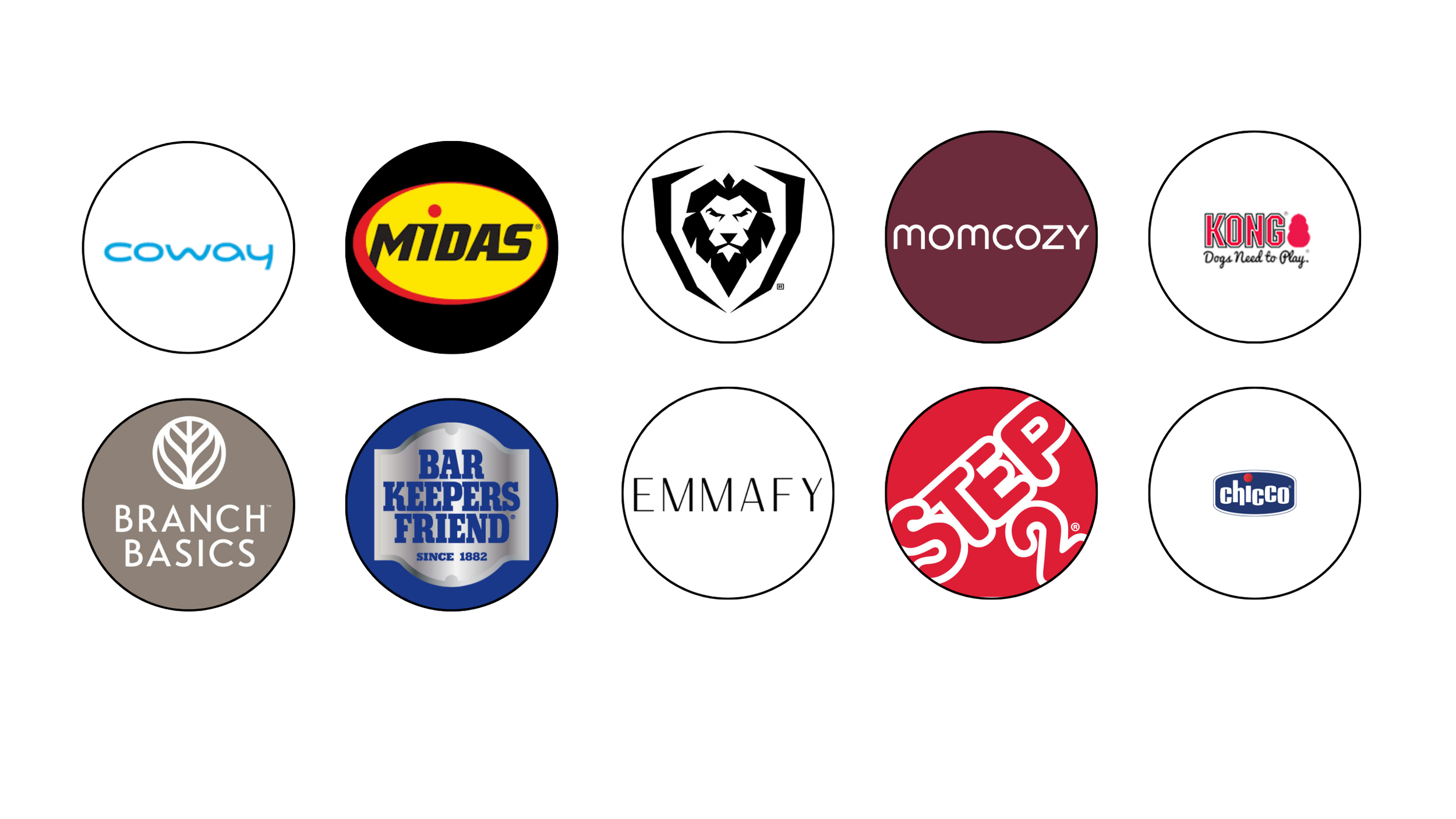 Collection of various brand logos in circular icons, including Coway, Midas, Lion, Momcozy, Kong, Branch Basics, Bar Keepers Friend, Emmafy, Stay Free, and Chicco.