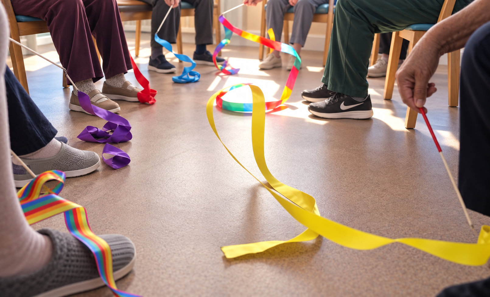 Group of elderly people participating in a ring tossing game indoors, sitting in chairs arranged in a circle, with colorful ribbons and a lighted plastic ball in the center.