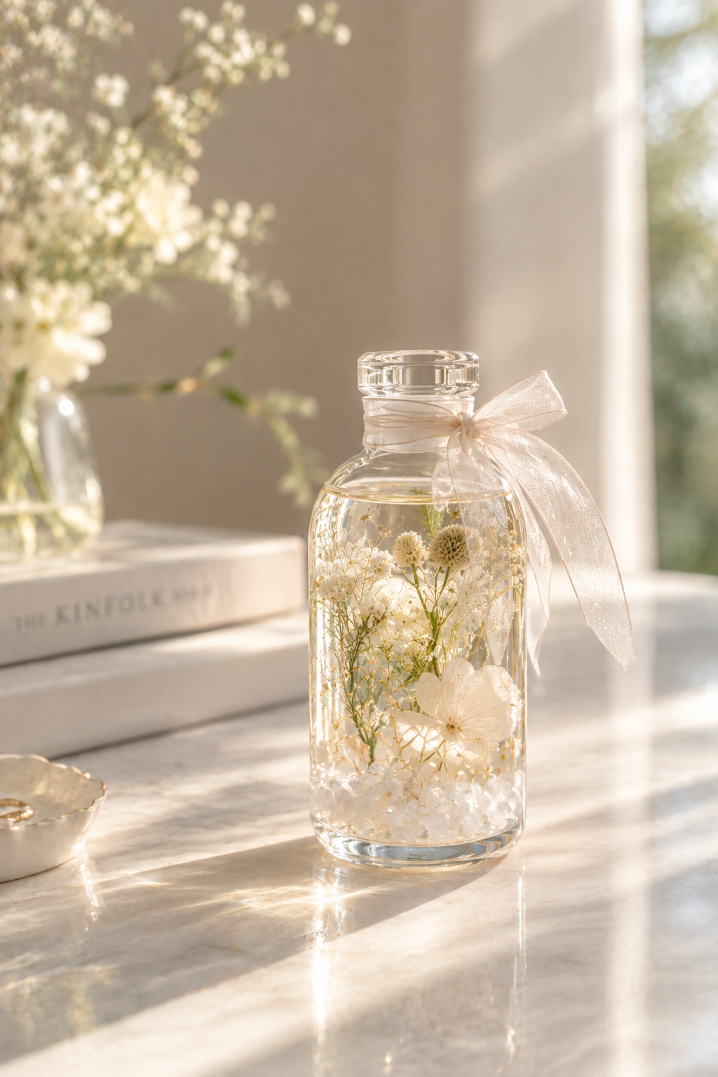 Preserved floating flowers as delicate wedding favours.