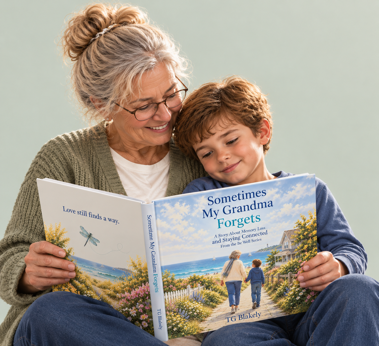 An older woman and a young boy smile as they read Sometimes My Grandma Forgets together.