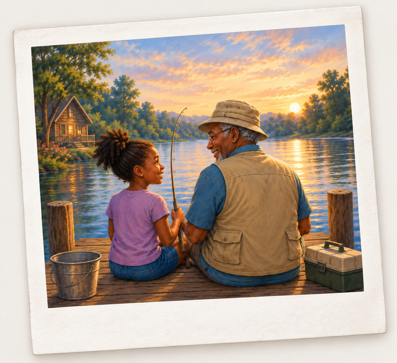 An illustration of a young girl and her grandfather sitting together on a wooden dock, fishing at sunset.