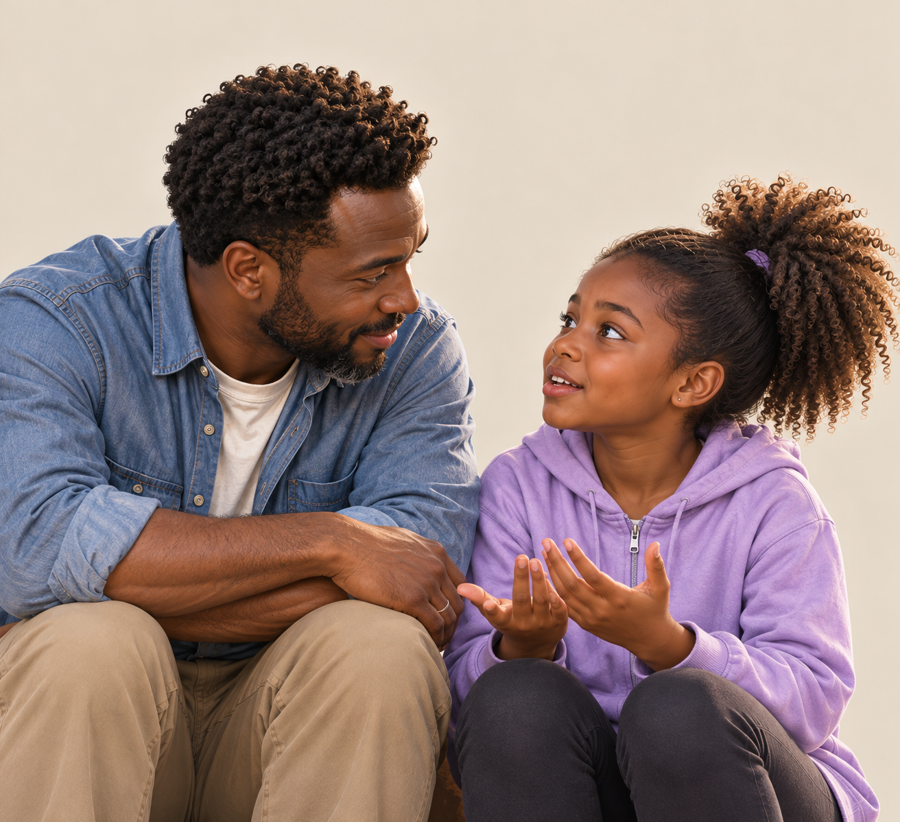 A man smiles and listens attentively to a child sitting beside him as they talk together.