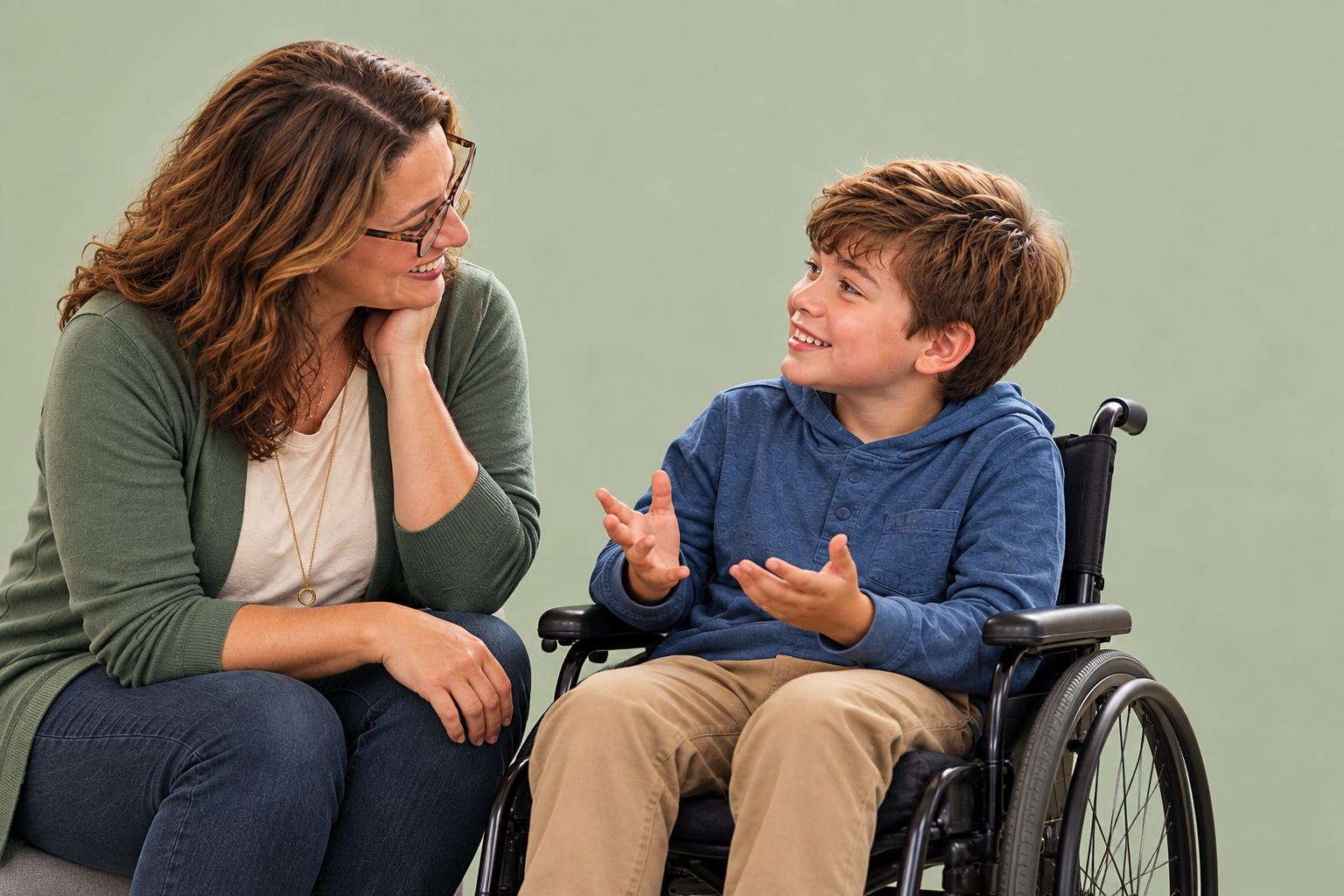 A smiling woman leans toward a child seated in a wheelchair as they talk together.