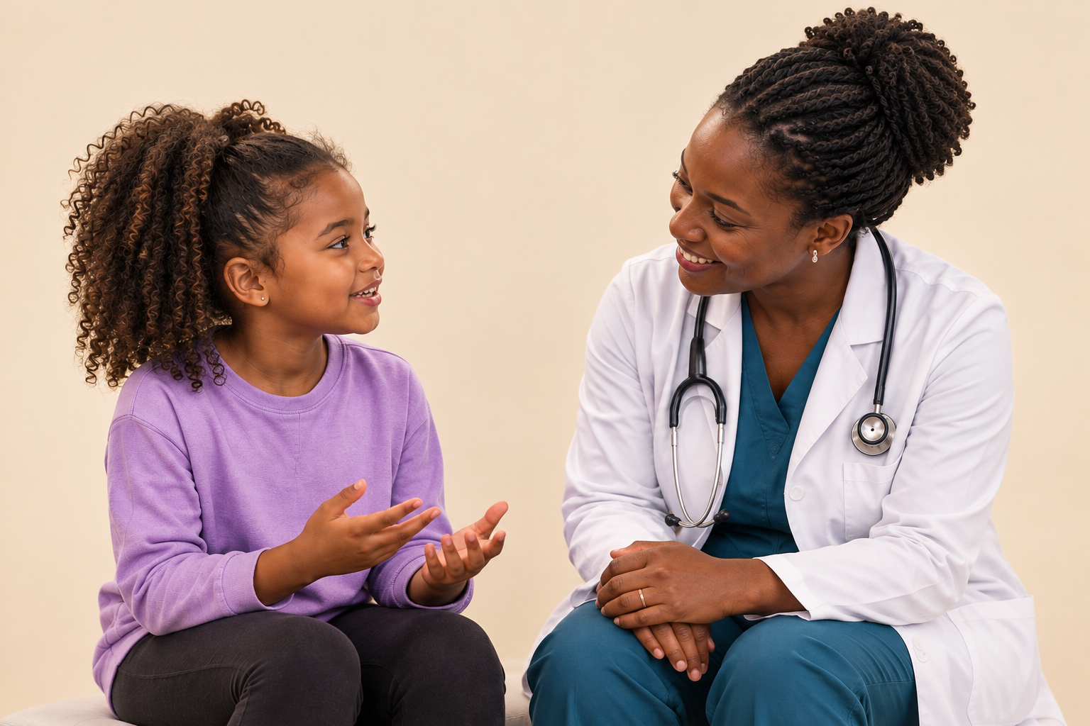A young girl talks with a smiling doctor wearing a white coat and stethoscope.